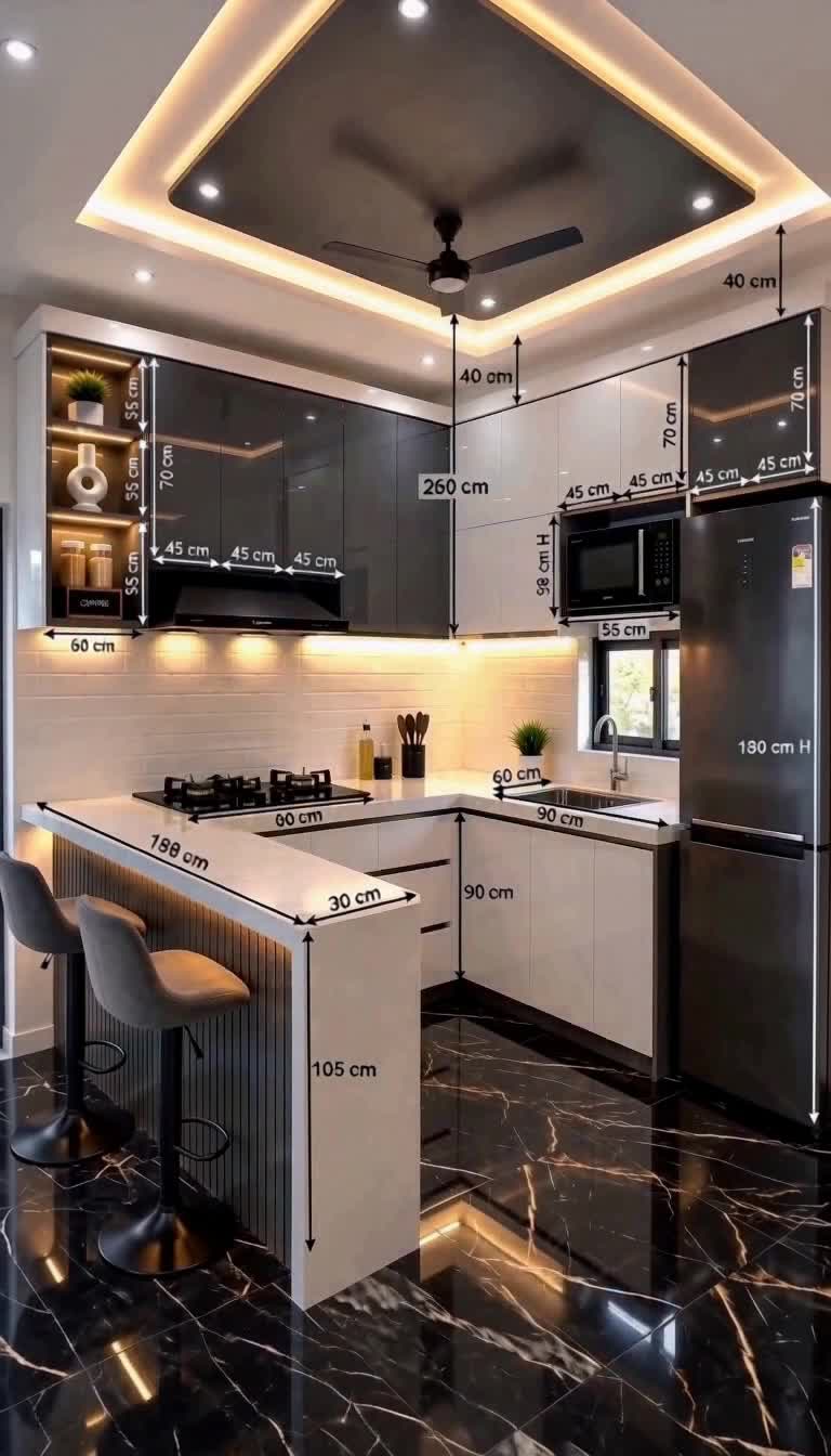 Cocina en U con barra, iluminación cálida y frente en negro
